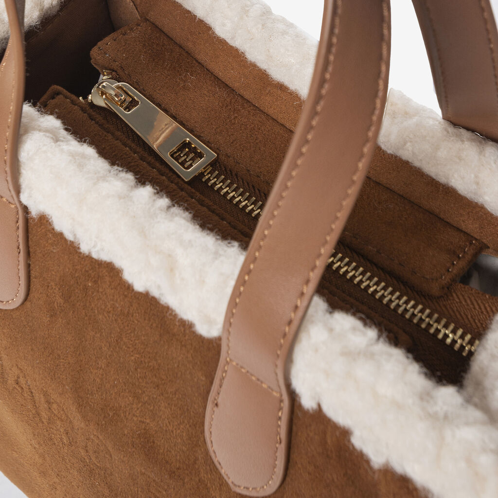 Brown Faux Suede Tote Bag with Textured Trim