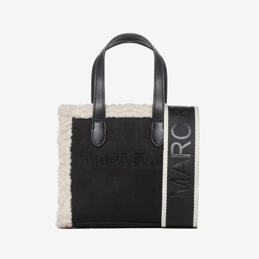 Black Faux Shearling Tote with Bold Logo Strap