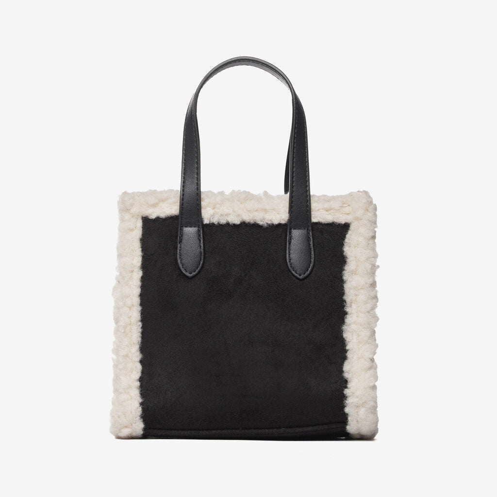 Black Faux Shearling Tote with Bold Logo Strap