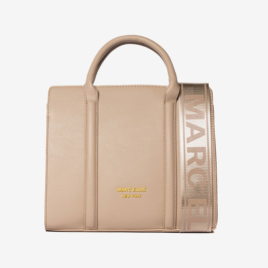 Beige Structured Tote with Logo Strap