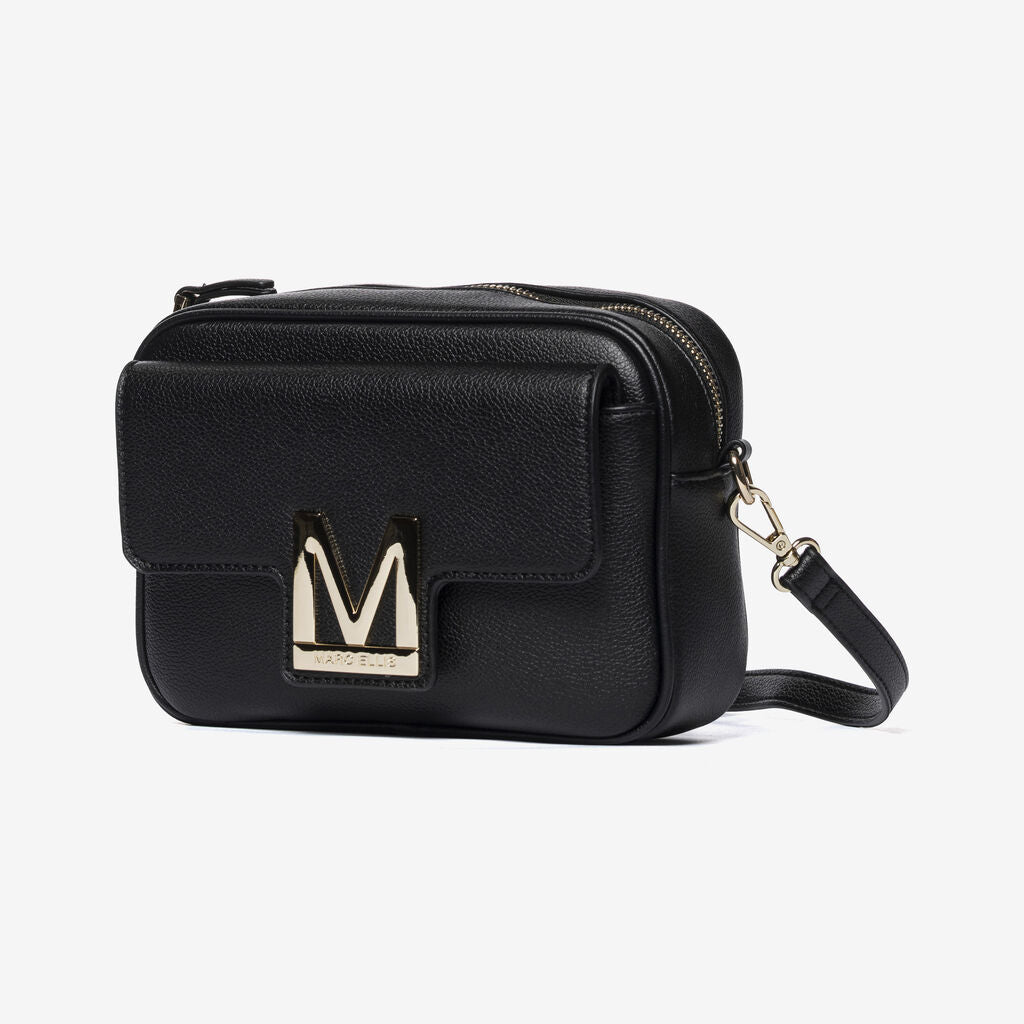 Black Textured Crossbody Bag with Gold Accent