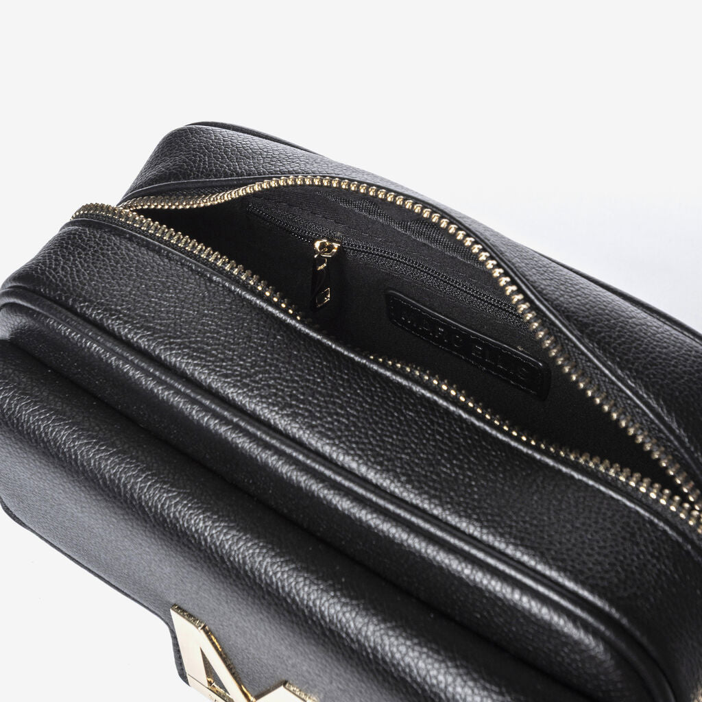 Black Textured Crossbody Bag with Gold Accent