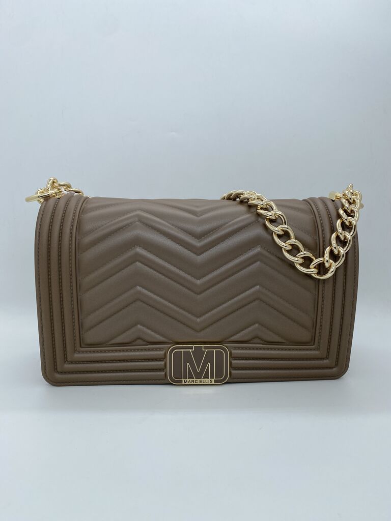 Taupe Quilted Shoulder Bag with Gold Chain