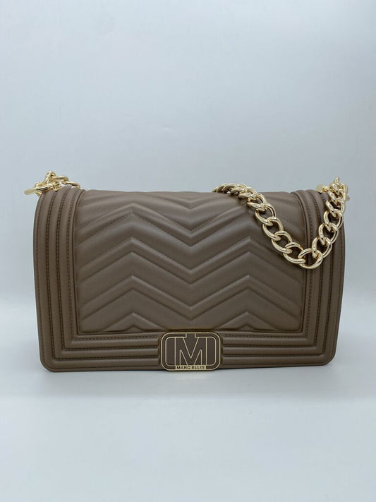 Taupe Quilted Shoulder Bag with Gold Chain