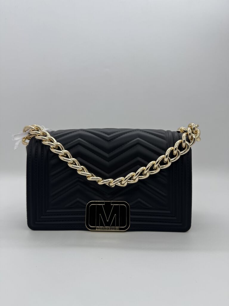 Black Quilted Shoulder Bag with Gold Chain