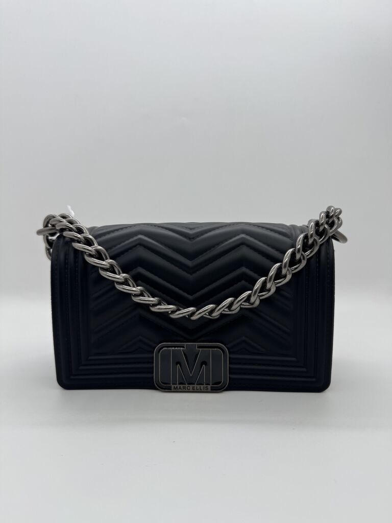 Black Chevron Quilted Shoulder Bag with Chain Strap