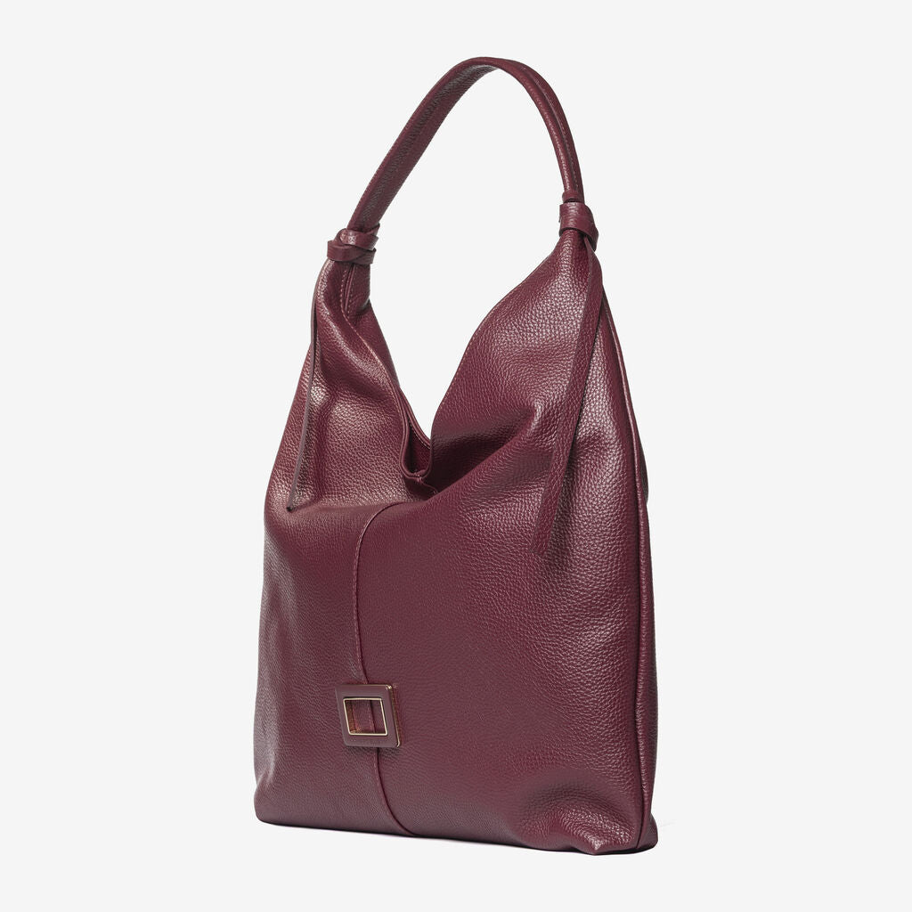 Burgundy Textured Hobo Bag with Buckle Accent