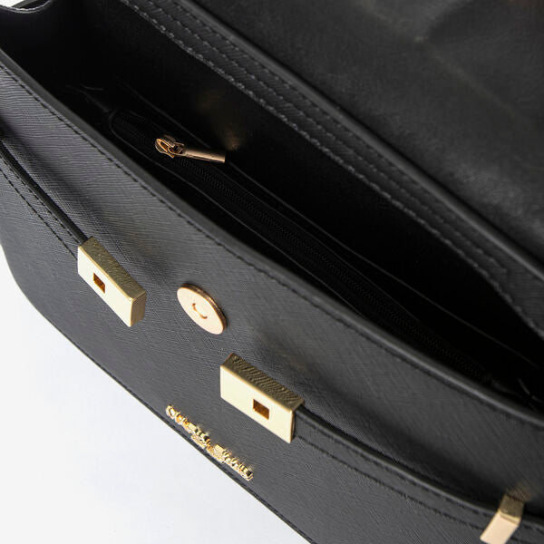 Black Textured Handbag with Gold Accents