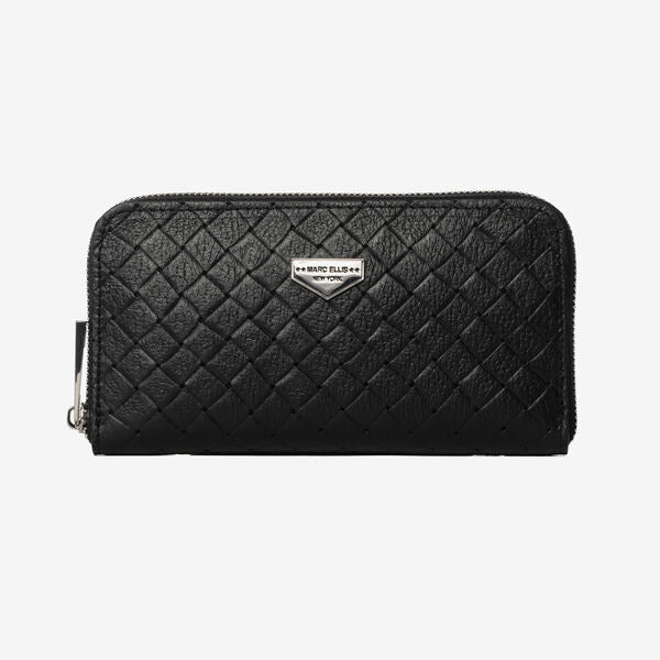 Black Quilted Zip-Around Wallet with Logo Detail