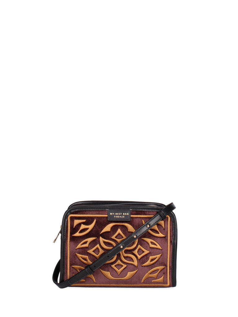 Burgundy Velvet Crossbody Bag with Embroidered Pattern