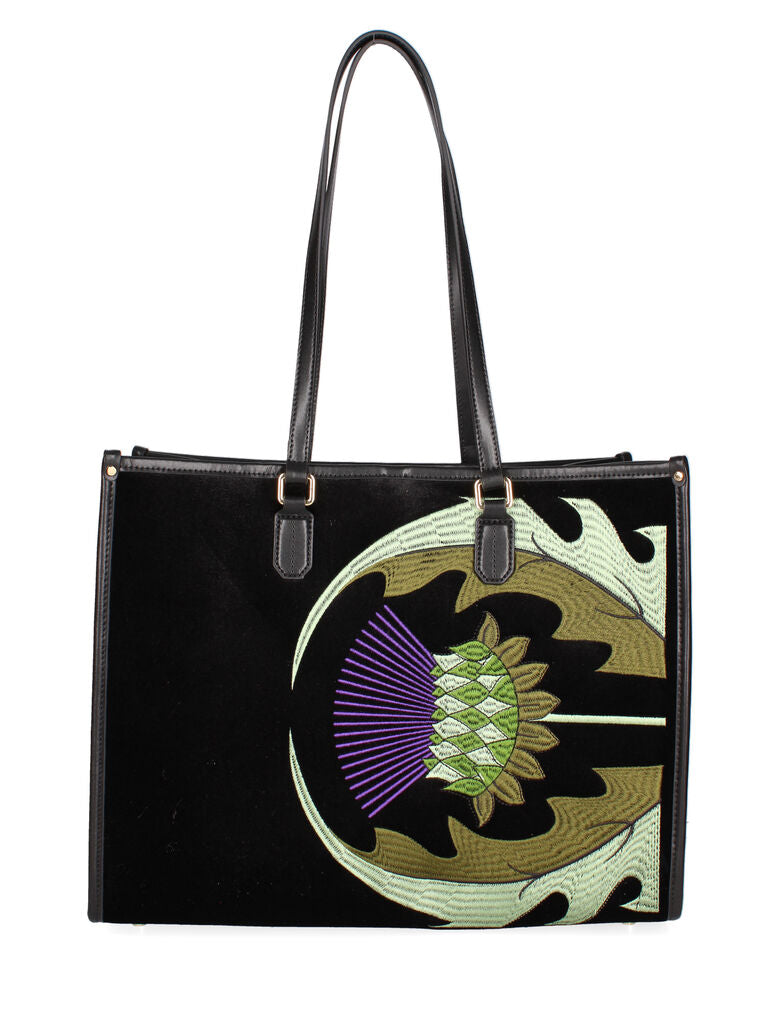 Black Embroidered Velvet Tote with Floral Motif