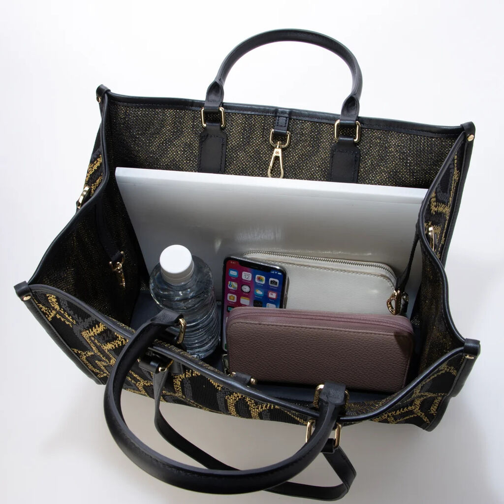 Black Geometric Tote Bag with Removable Pouch