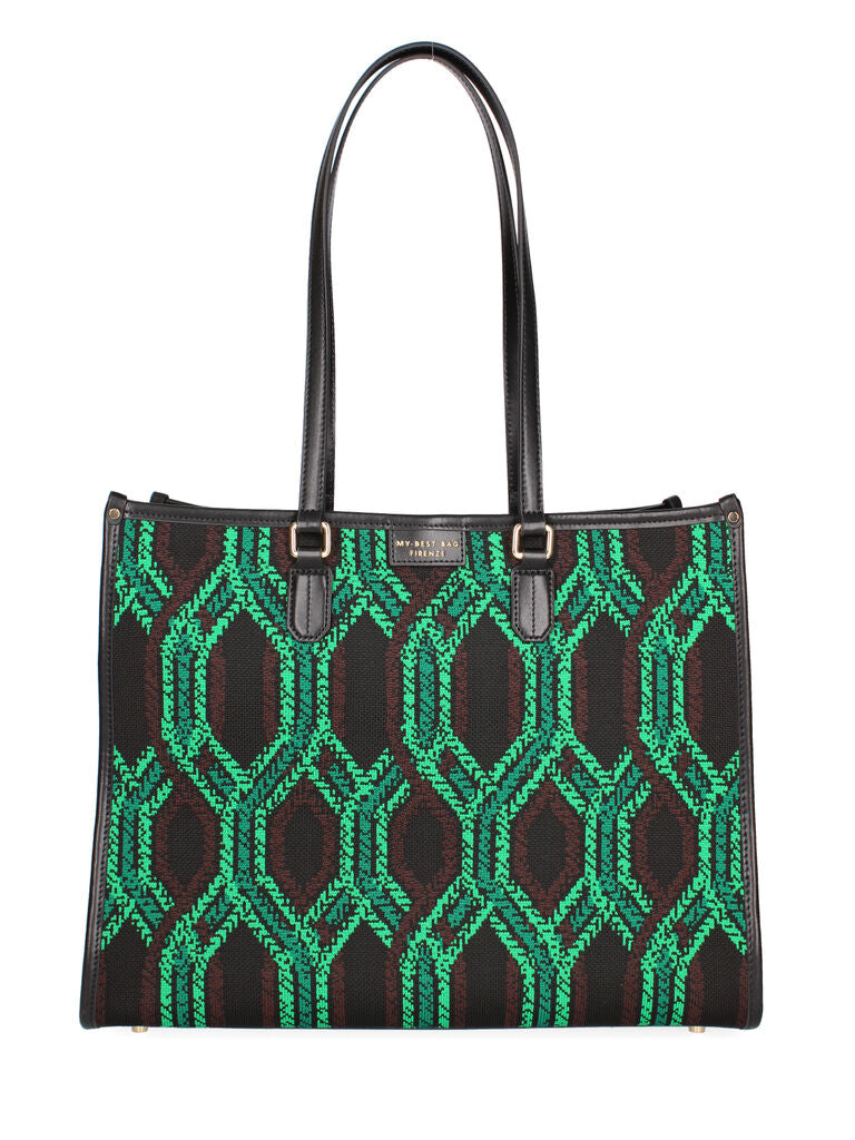 Black Geometric Pattern Tote with Dual Handles