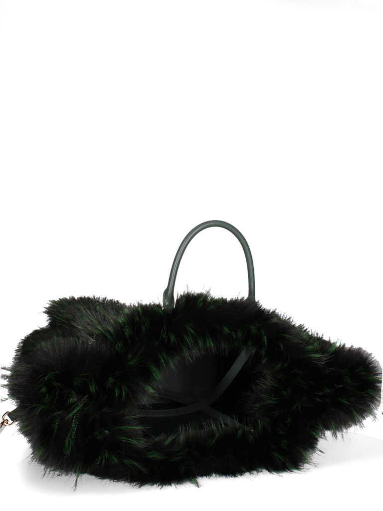 Green Woven Tote with Fur Accents