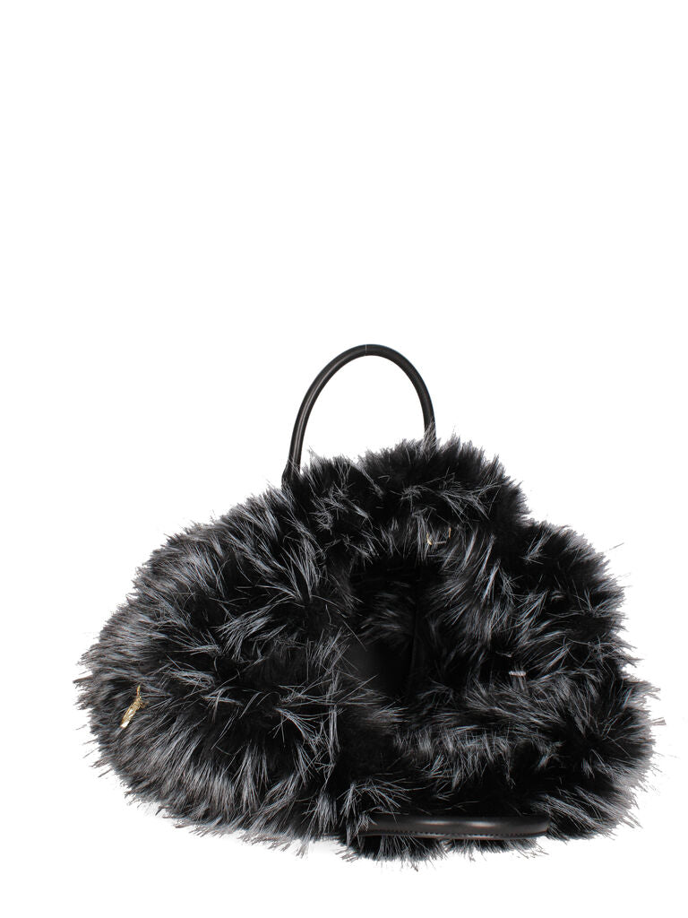 Black Faux Fur Trimmed Woven Tote Bag