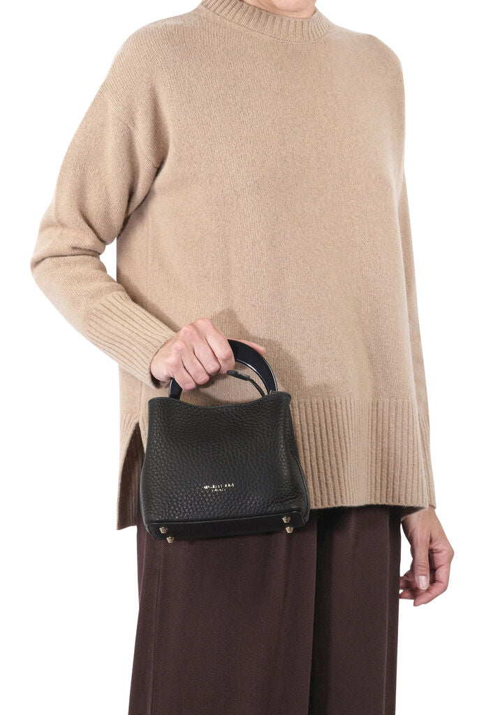 Black Textured Leather Handbag with Circular Handle