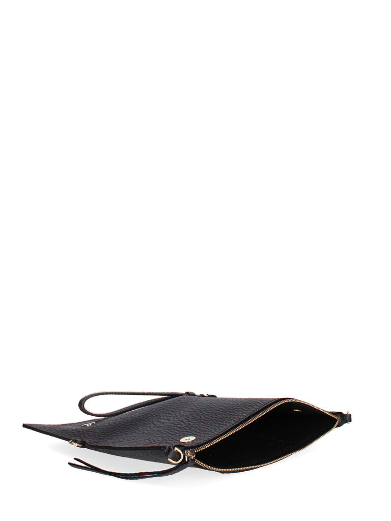 Black Textured Leather Wristlet Clutch with Zip Closure