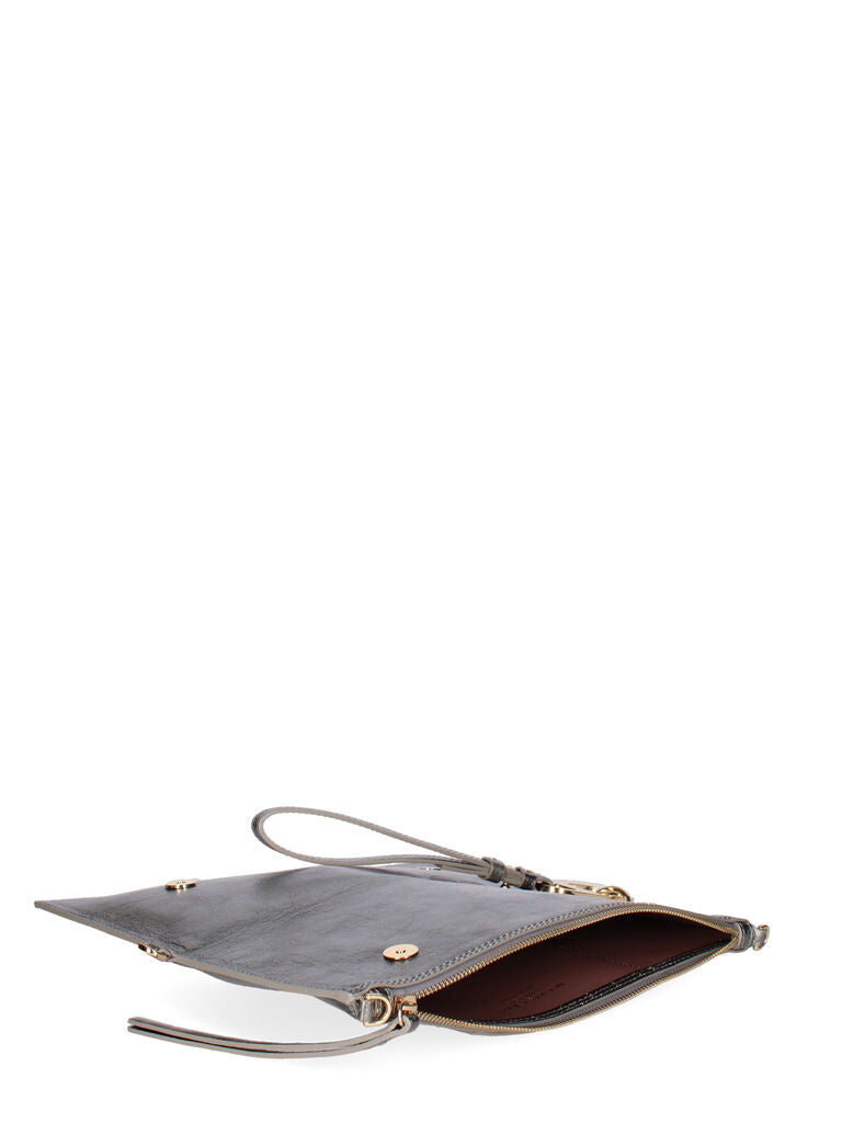 Silver Metallic Leather Clutch with Wrist Strap