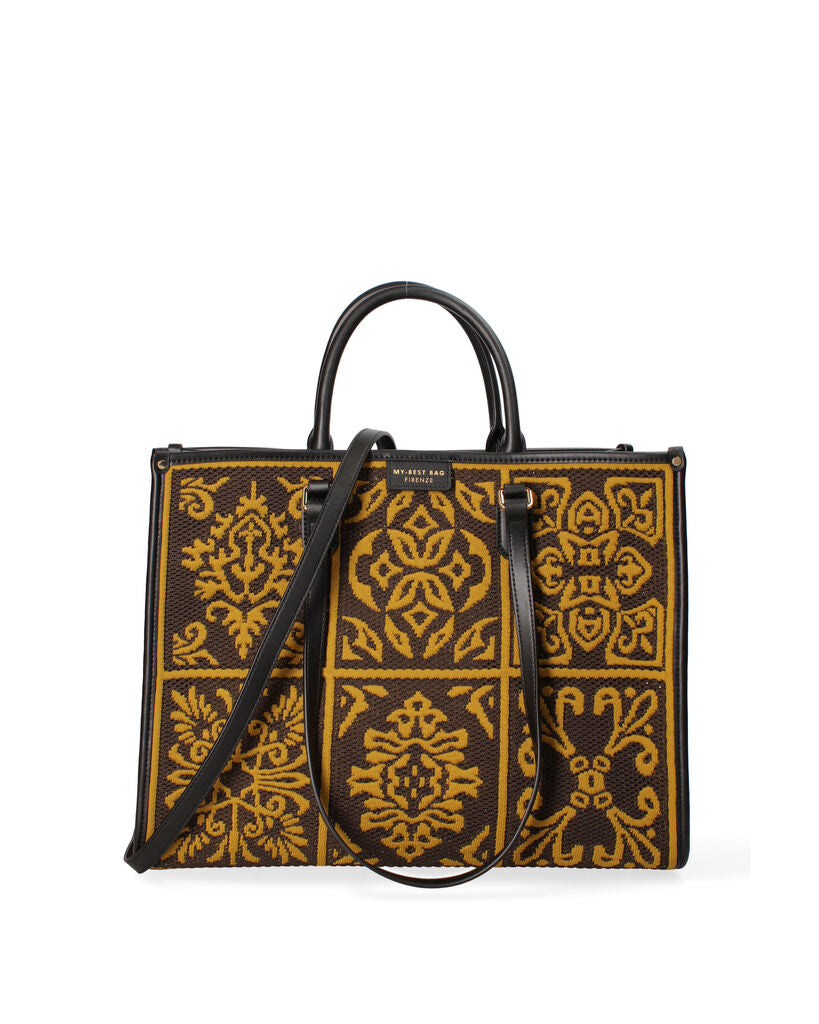 Yellow Geometric Pattern Tote Bag with Leather Handles