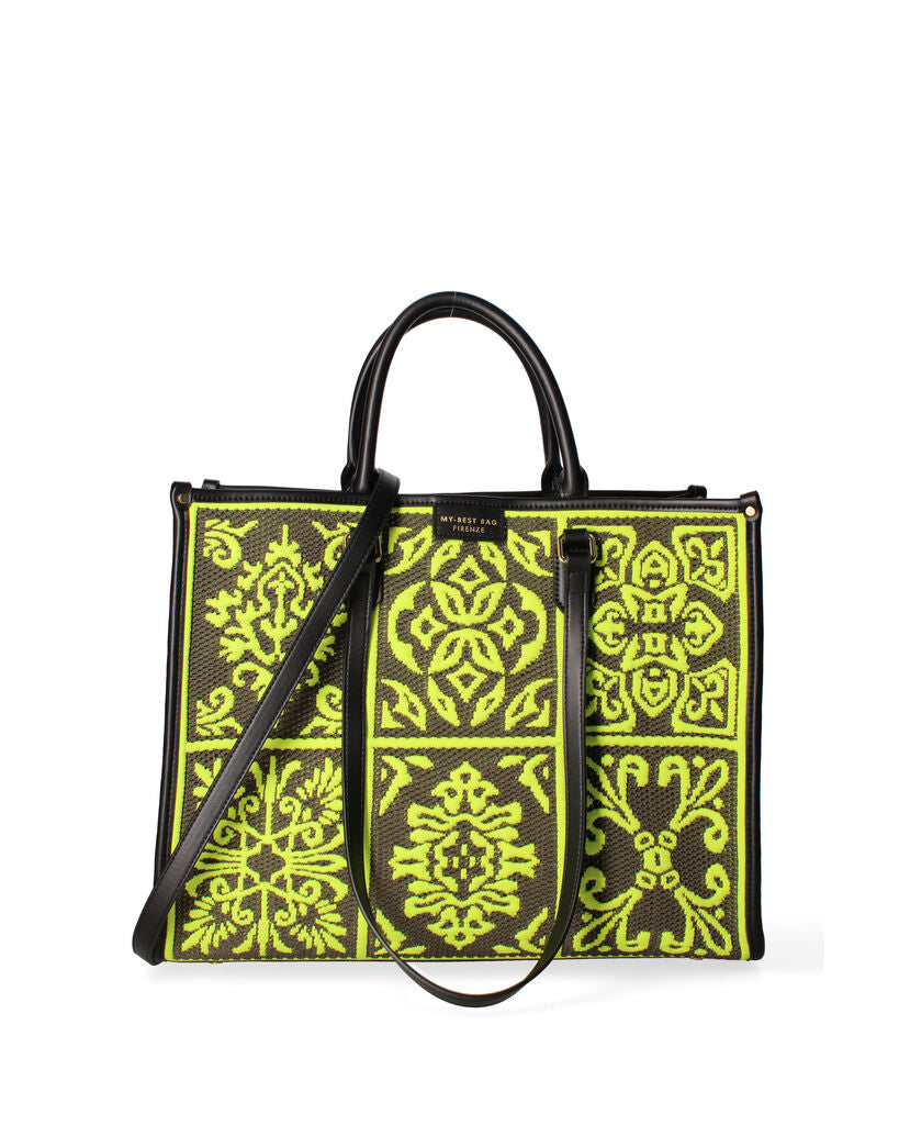 Black and Yellow Geometric-Pattern Tote with Double Handle
