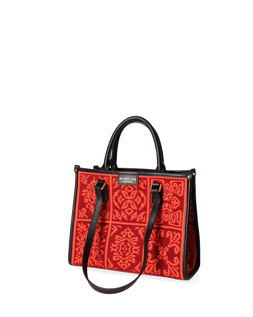 Red Patterned Canvas Tote with Dual Handles