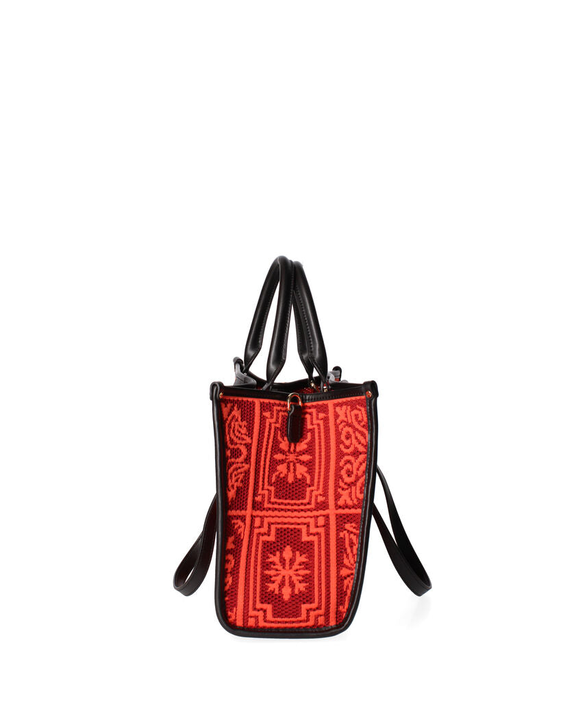 Red Patterned Canvas Tote with Dual Handles