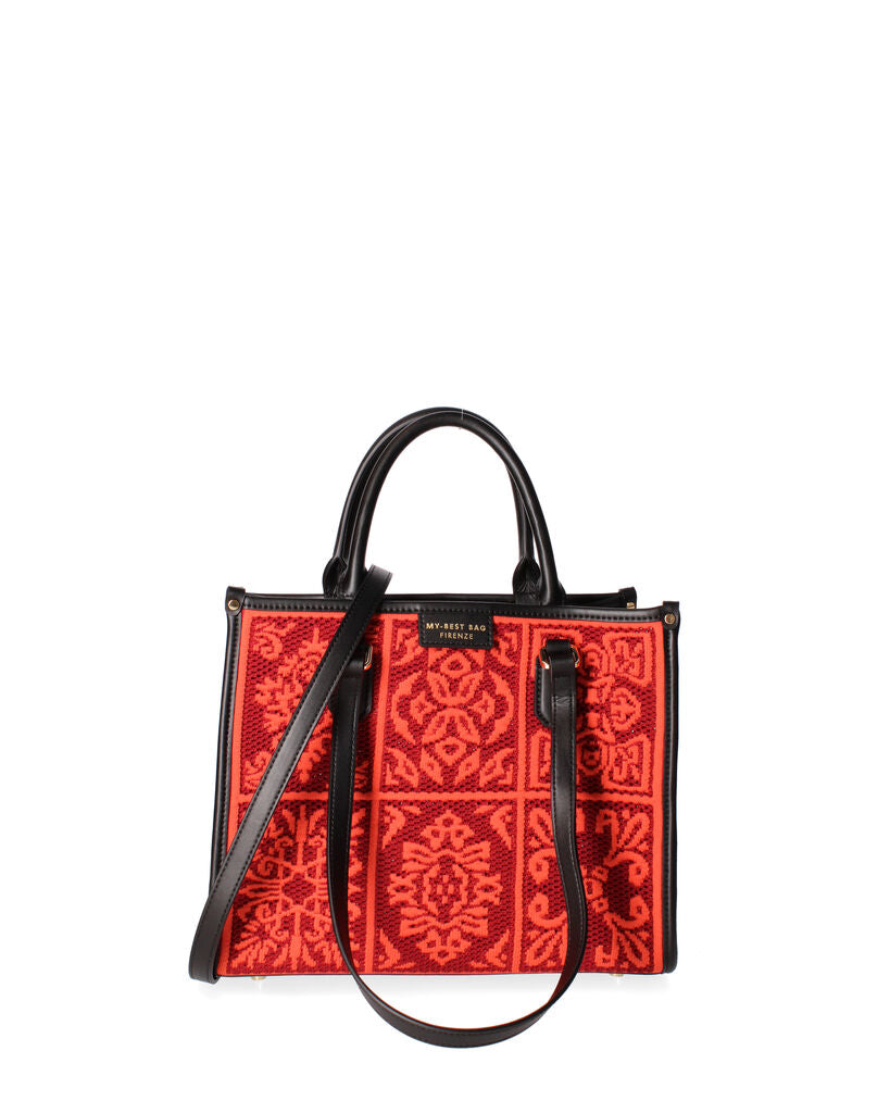 Red Patterned Canvas Tote with Dual Handles