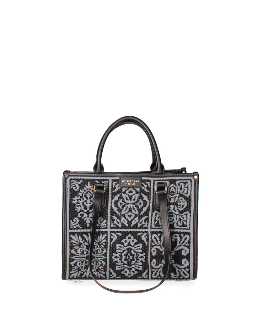 Black Geometric Pattern Tote Bag with Woven Texture