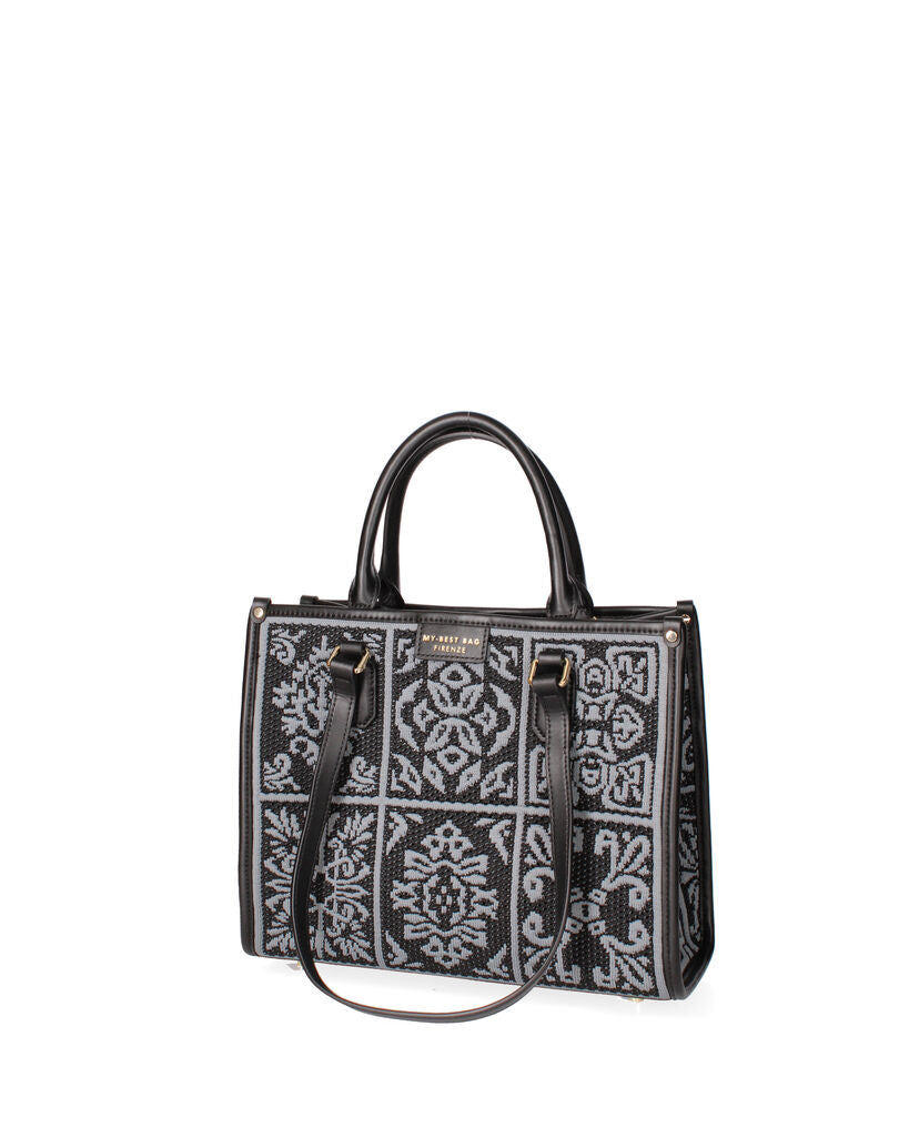 Black Geometric Pattern Tote Bag with Woven Texture