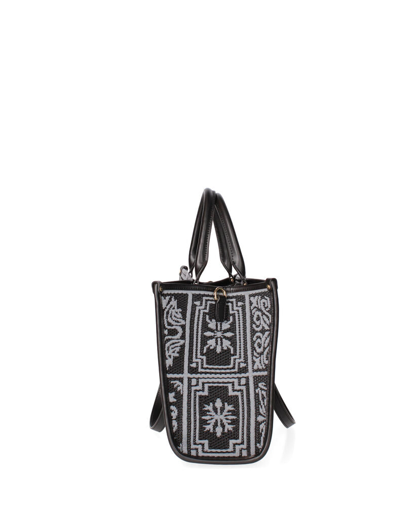 Black Geometric Pattern Tote Bag with Woven Texture