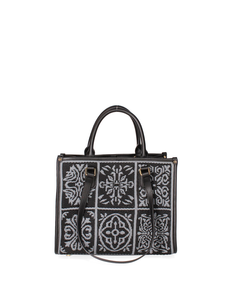 Black Geometric Pattern Tote Bag with Woven Texture