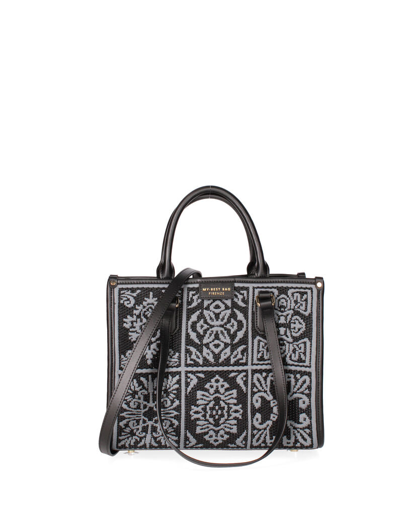 Black Geometric Pattern Tote Bag with Woven Texture