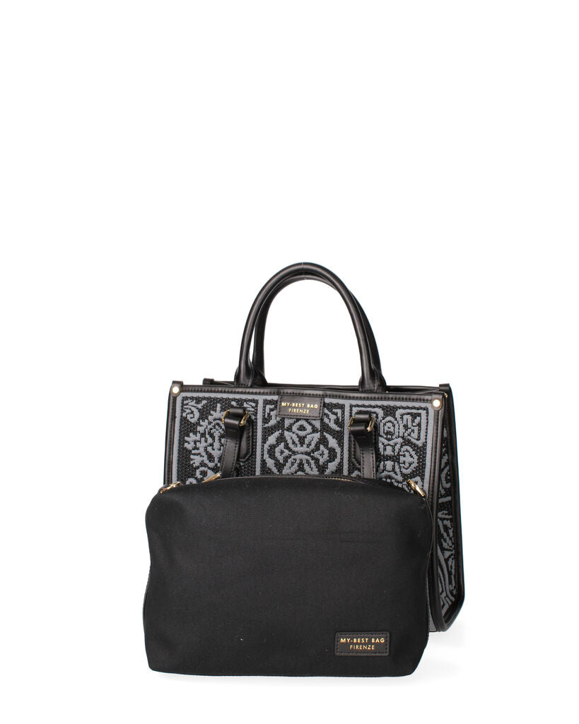 Black Geometric Pattern Tote Bag with Woven Texture