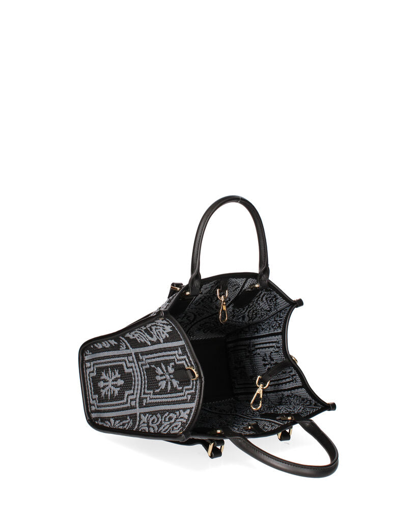 Black Geometric Pattern Tote Bag with Woven Texture