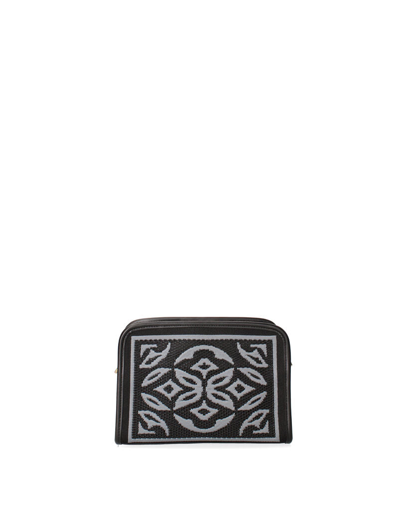 Black Geometric Embroidered Pouch with Zipper
