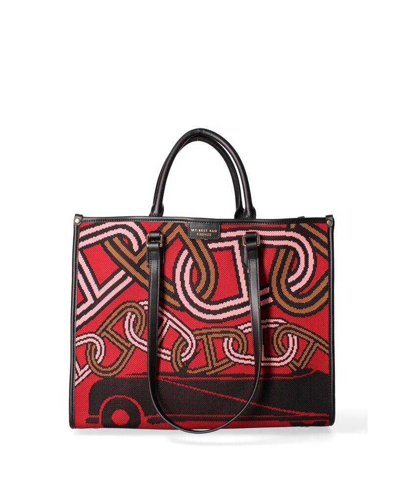 Red Abstract Tote Bag with Black Handles