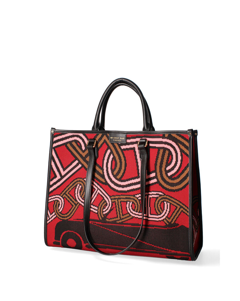 Red Abstract Tote Bag with Black Handles