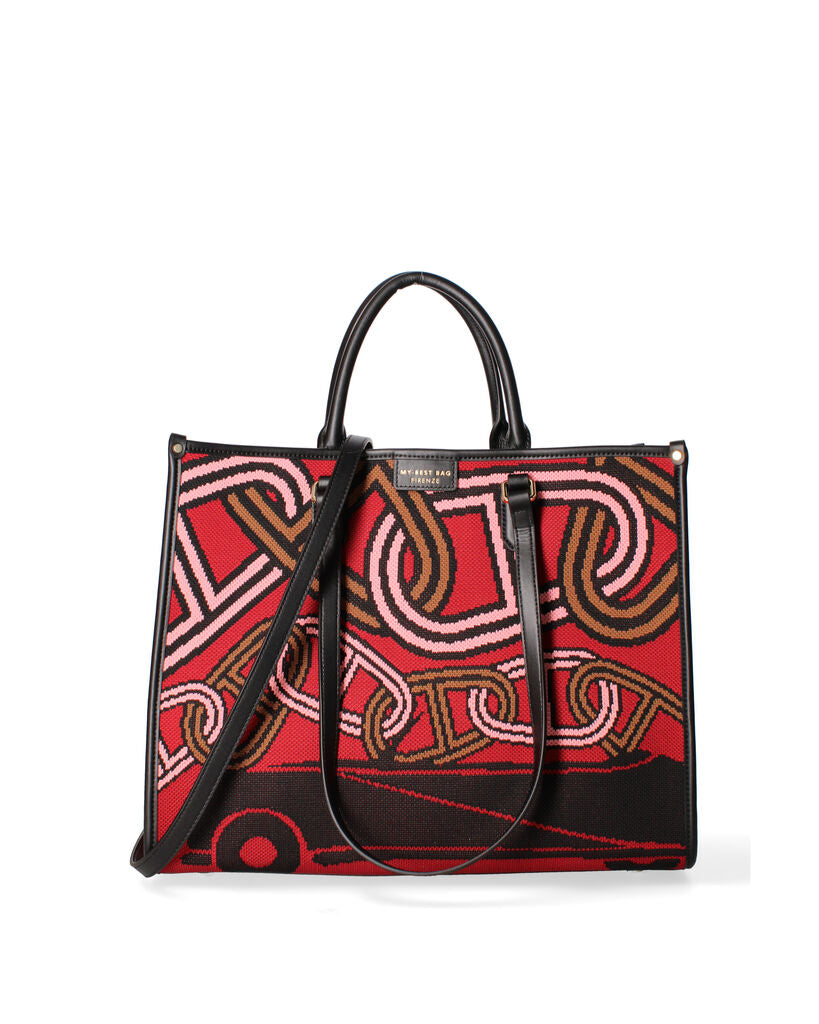 Red Abstract Tote Bag with Black Handles