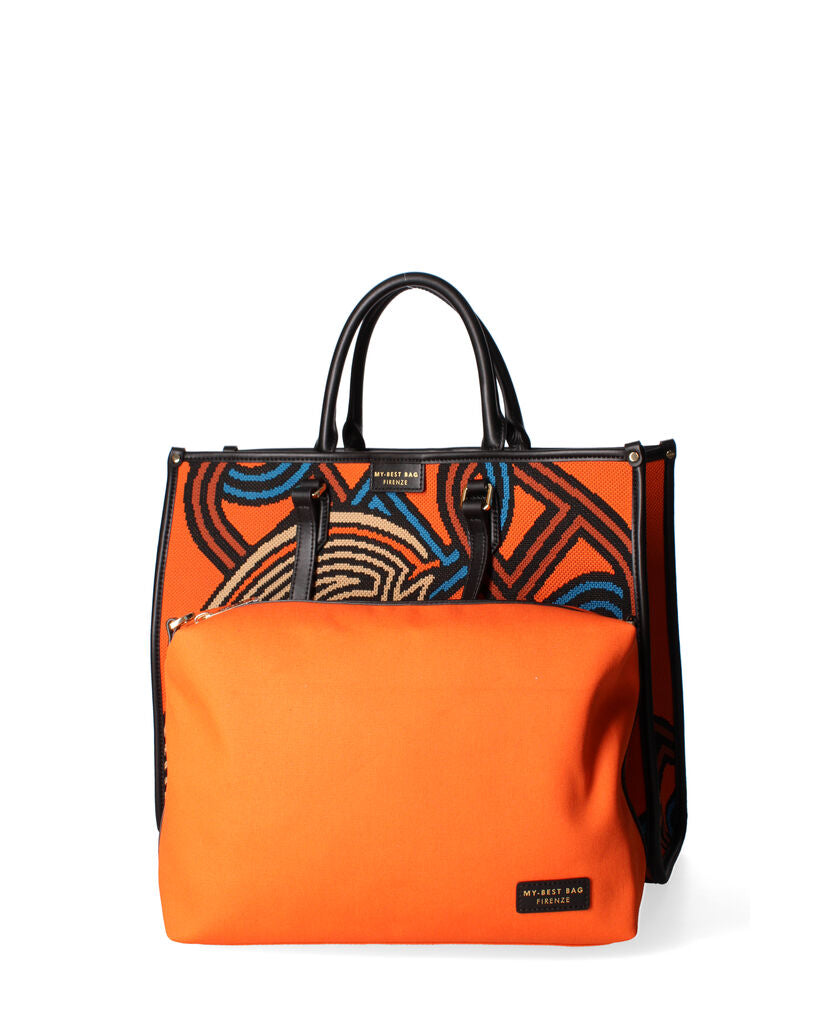 Orange Woven Tote Bag with Abstract Pattern