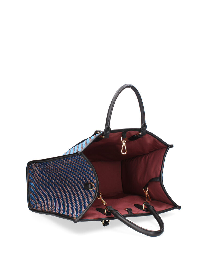 Blue Geometric Tote with Structured Handles