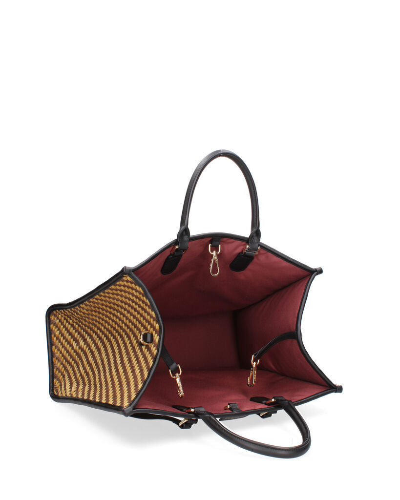 Yellow Geometric Woven Tote with Black Handles