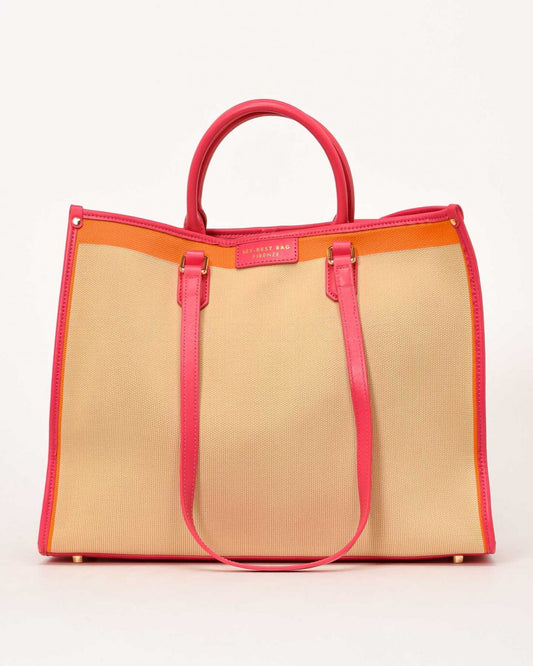 Beige Canvas Tote Bag with Pink Trim