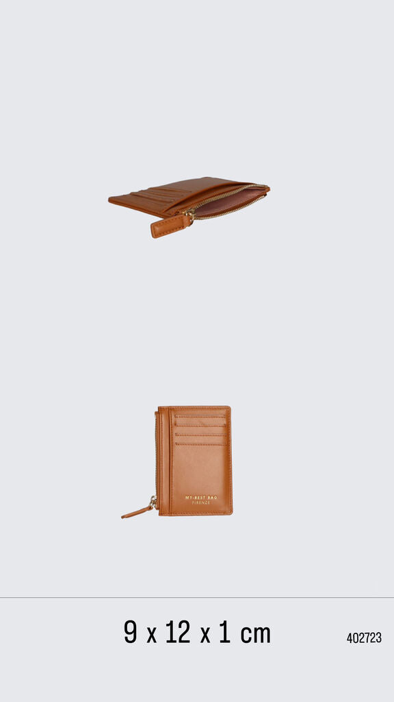 Tan Leather Card Holder with Zipper Pocket