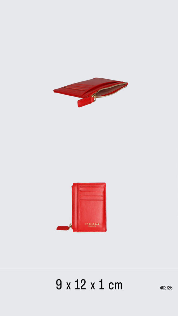 Red Leather Card Holder with Zip Closure