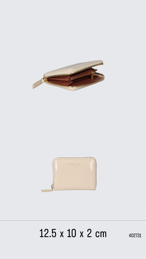 Beige Patent Compact Wallet with Zip Closure