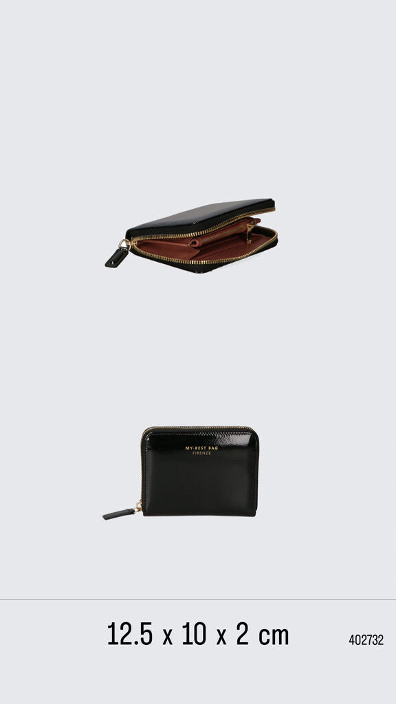 Black Glossy Zipper Wallet with Gold Accents
