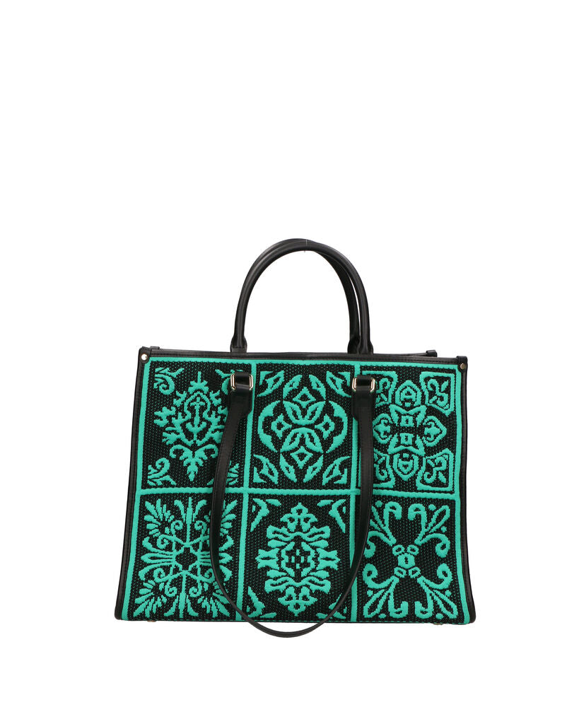 Teal Geometric Woven Tote Bag with Handles