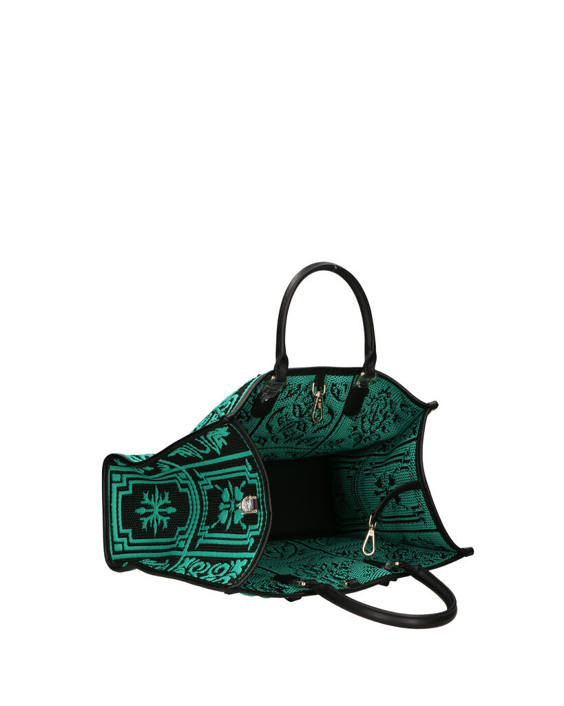 Teal Geometric Woven Tote Bag with Handles