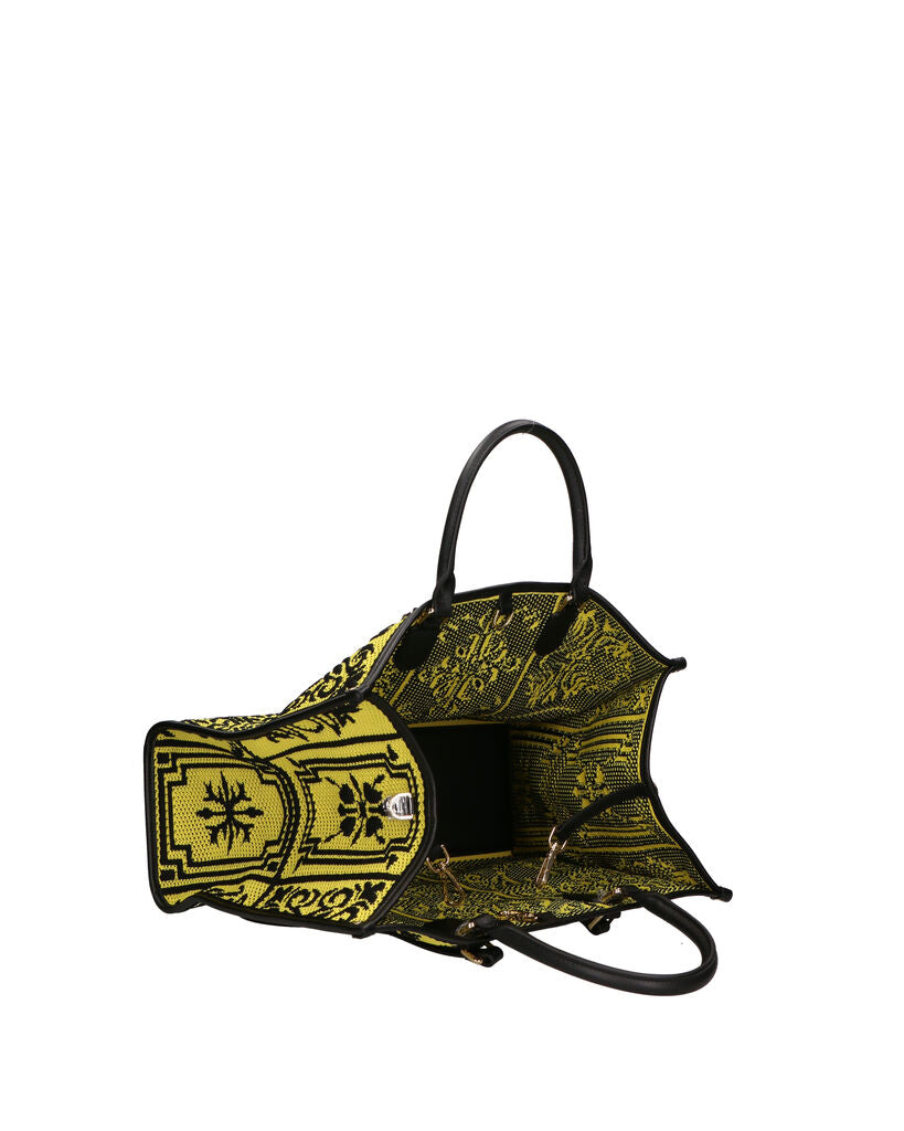 Yellow Knit Tote with Intricate Black Patterns