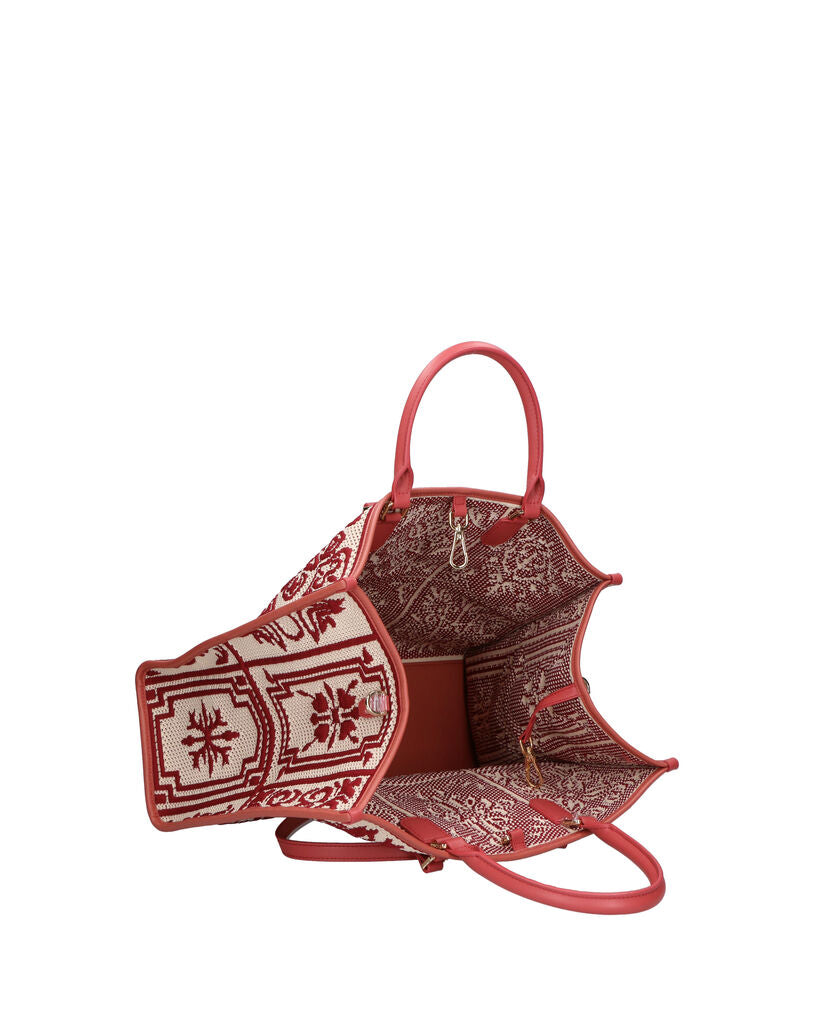 Red Geometric Woven Tote Bag with Leather Handles